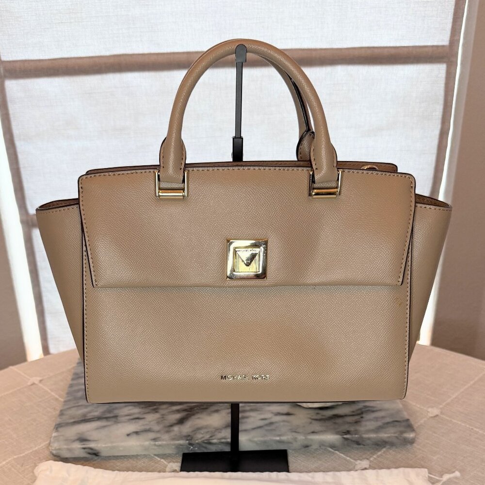 Michael Kors Sylvia Satchel Shoulder Bag - Beige Taupe Leather